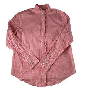 Signature Collection Pink Gingham Ruffle Neck Button Down Shirt Size Small